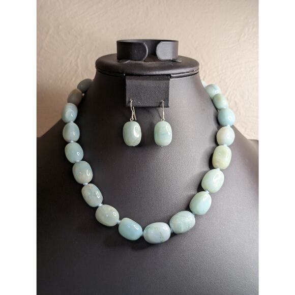 GSJ Sterling Silver Natural Blue Aqua Stone Bead Necklace & Dangle Earring Set - Picture 9 of 9
